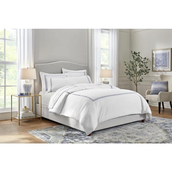 Home Decorators Collection Maren 3-Piece White and Steel Blue Hotel  Embroidered Border Cotton Queen Duvet Cover Set DUV-F/Q-SB - The Home Depot