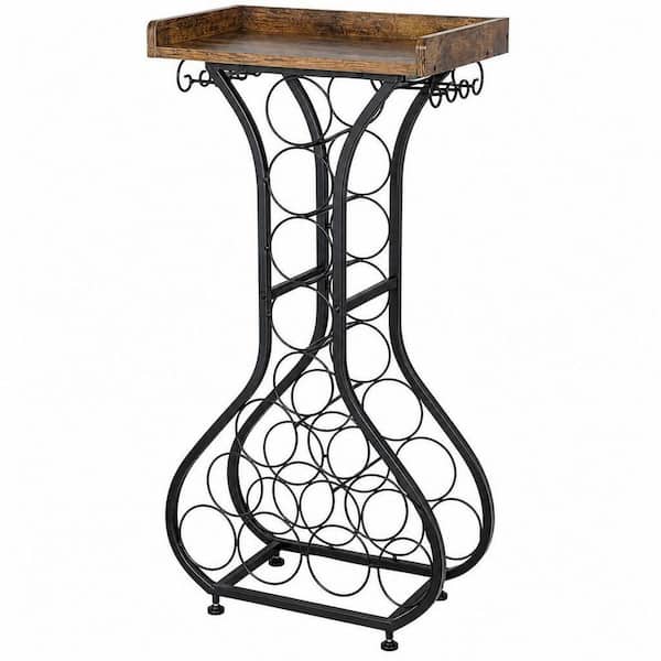 Freestanding Floor Wine Cabinet with Stemware Rack, Rustic Wood Top and Metal Frame, Holds 14 Bottles for Home Bar