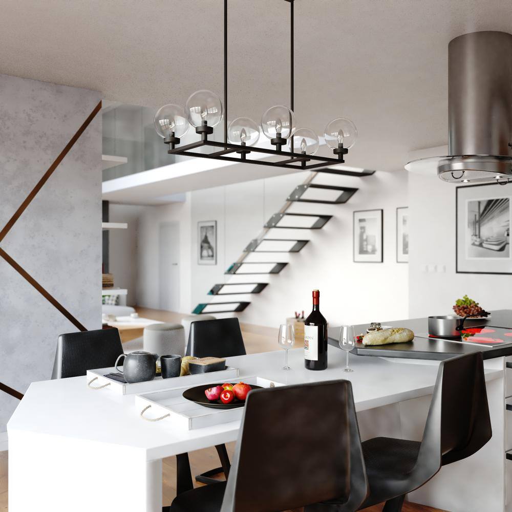 Matte Black 6-Light Linear Chandelier with Clear Glass Globes