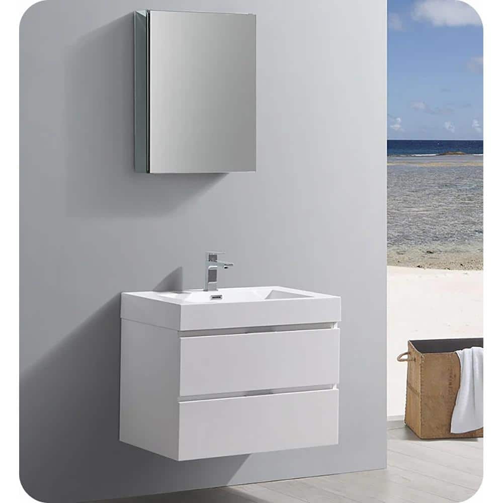 Glossy White 24" Wall-Mount Bathroom Vanity with Acrylic Sink
