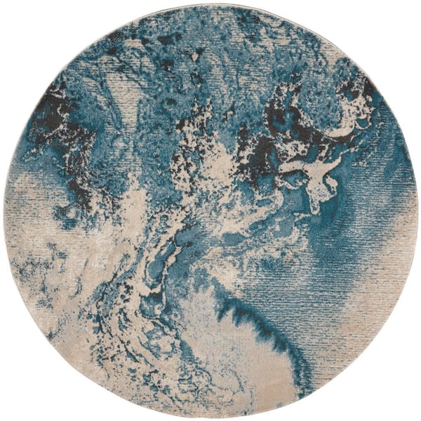 Nourison Maxell Ivory/Teal 5 ft. x 5 ft. Abstract Contemporary Round Area Rug