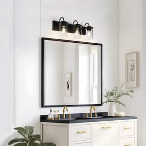 Modern 21.7 in. 3-Light Black Bath Vanity Light with Classic Clear Glass Shades Powder Room Wall Sconce, LED Compatible