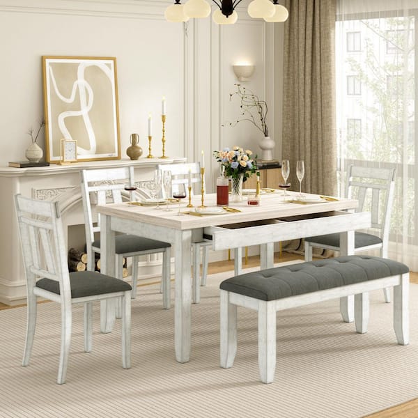 Dining Table Set for 6 with Bench 6-Piece Farmhouse Kitchen Table and 4 Chairs, Distressed Gray and Wood Grain Top
