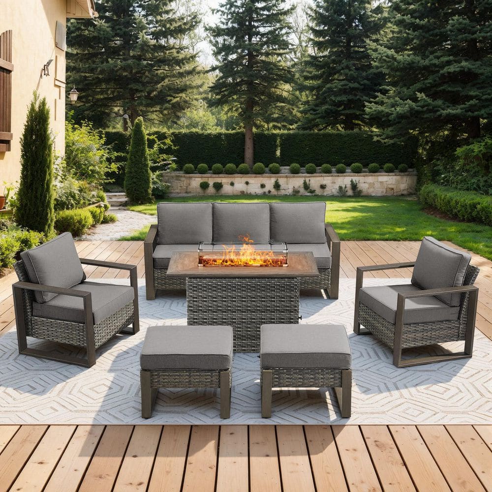 FanKan Gray 6-Piece Wicker Outdoor Glider Chair Patio Deep Seating with Rectangular Fire Table and Gray Cushions price history on PriceWatchPro