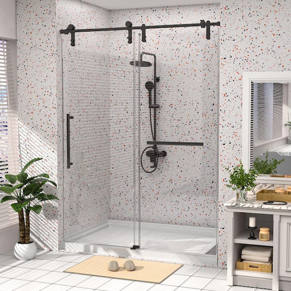 56-60 in. W x 76 in. H Sliding Frameless Glass Shower Door, Handle, Separate Wet And Dry Areas, Keep Warm, Black.
