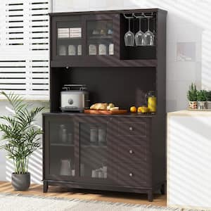 Kitchen Pantry Storage Cabinet Kitchen Hutch with LED Lights and Power Outlet Dark Brown