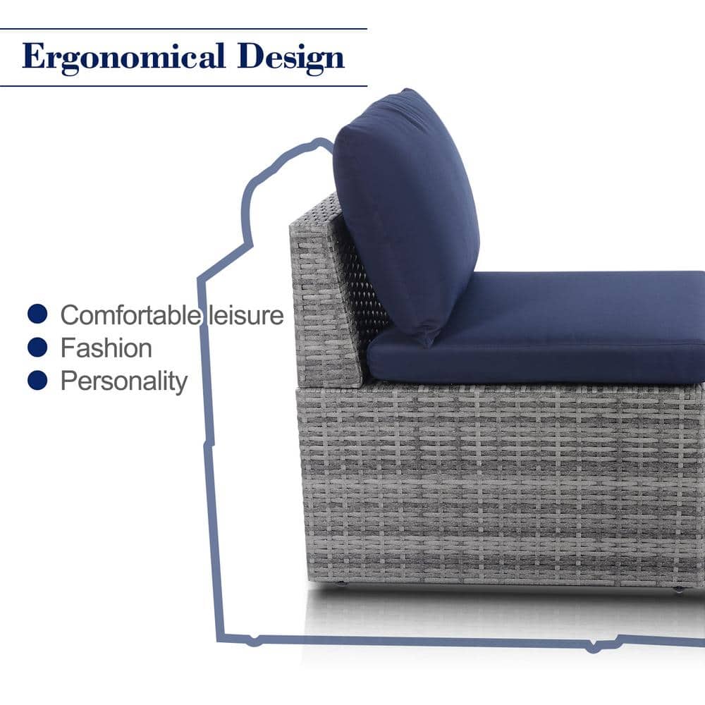 Gray Wicker Outdoor Lounge Chair with Navy Blue Cushions