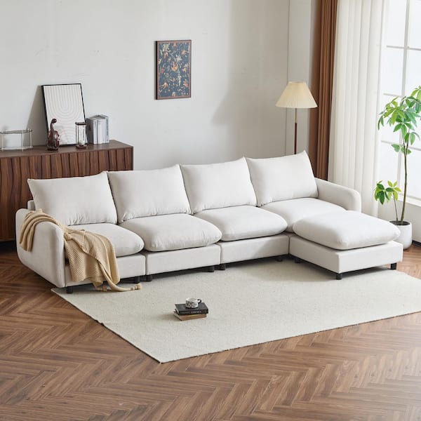 Willow 130 in. Modern 5-Seater Fabric Upholstered Solid Wood Modular Sectional Sofa with Ottoman in White Sand