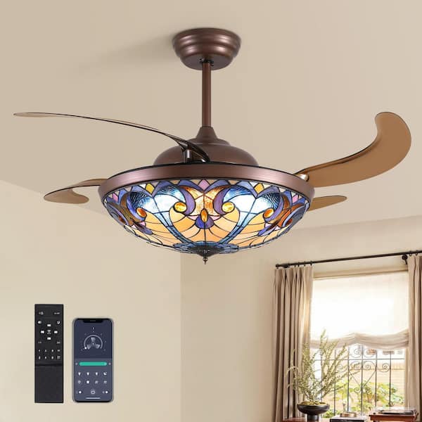 52 in. Smart Indoor Tiffany Glass Retractable Fandelier Downrod Mount Ceiling Fan with Dimmable Led and Remote