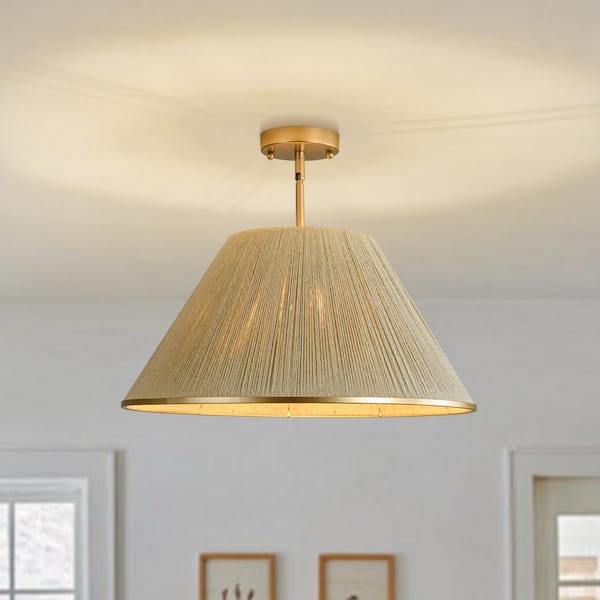 HUOKU Haven 1 Light Brass Boho Rattan Pendant Light with Drum Shape Coastal Style for Dining Rooms and Kitchen Islands