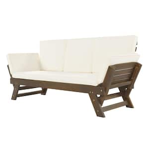 Adjustable Brown Wood Outdoor Chaise Lounge with Beige Cushions for Small Places