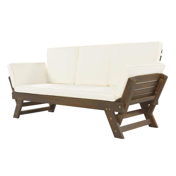 Cesicia Adjustable Brown Wood Outdoor Chaise Lounge with Beige Cushions for Small Places