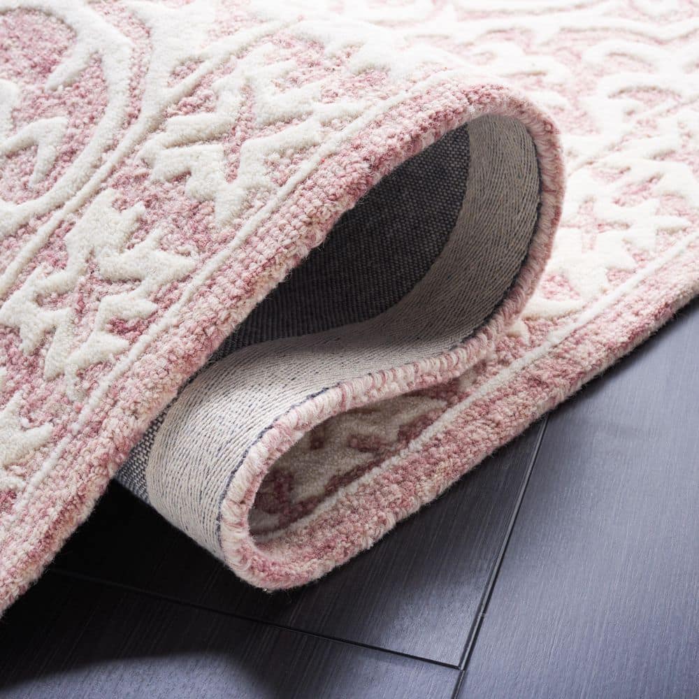 Handmade Pink and Ivory Floral Wool Tufted Rug, 4' x 6'