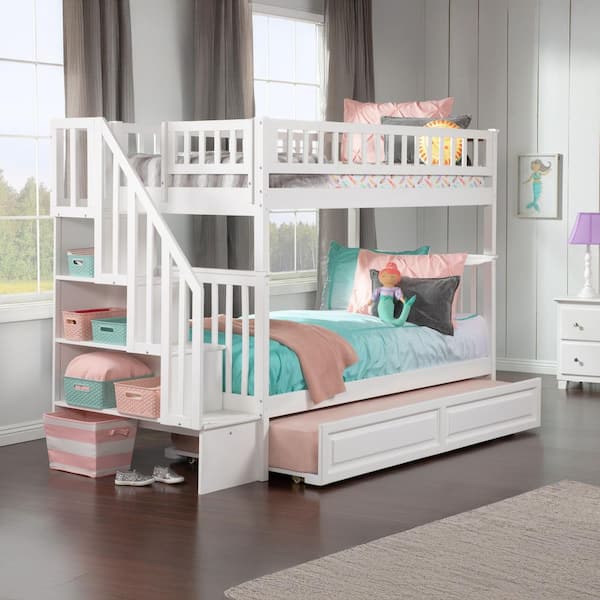 Woodland Staircase Bunk Bed Twin over Twin with Twin Size Raised Panel Trundle Bed in White