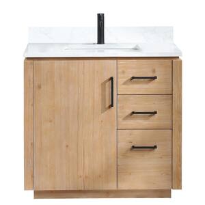 San 36 in.W x 22 in.D x 33.8 in.H Single Sink Bath Vanity in Fir Wood Brown with White Composite Stone Top