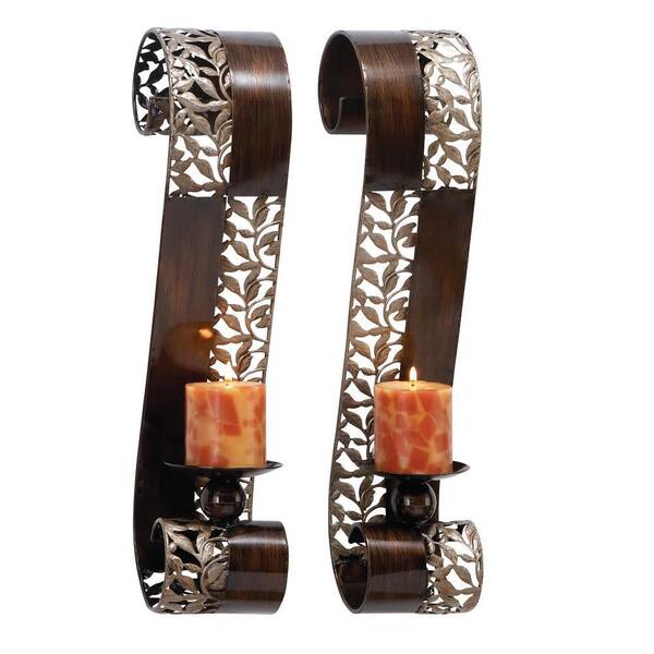 Litton Lane Brown Metal Leaf Wall Sconce with Scroll Designs (2 Pack