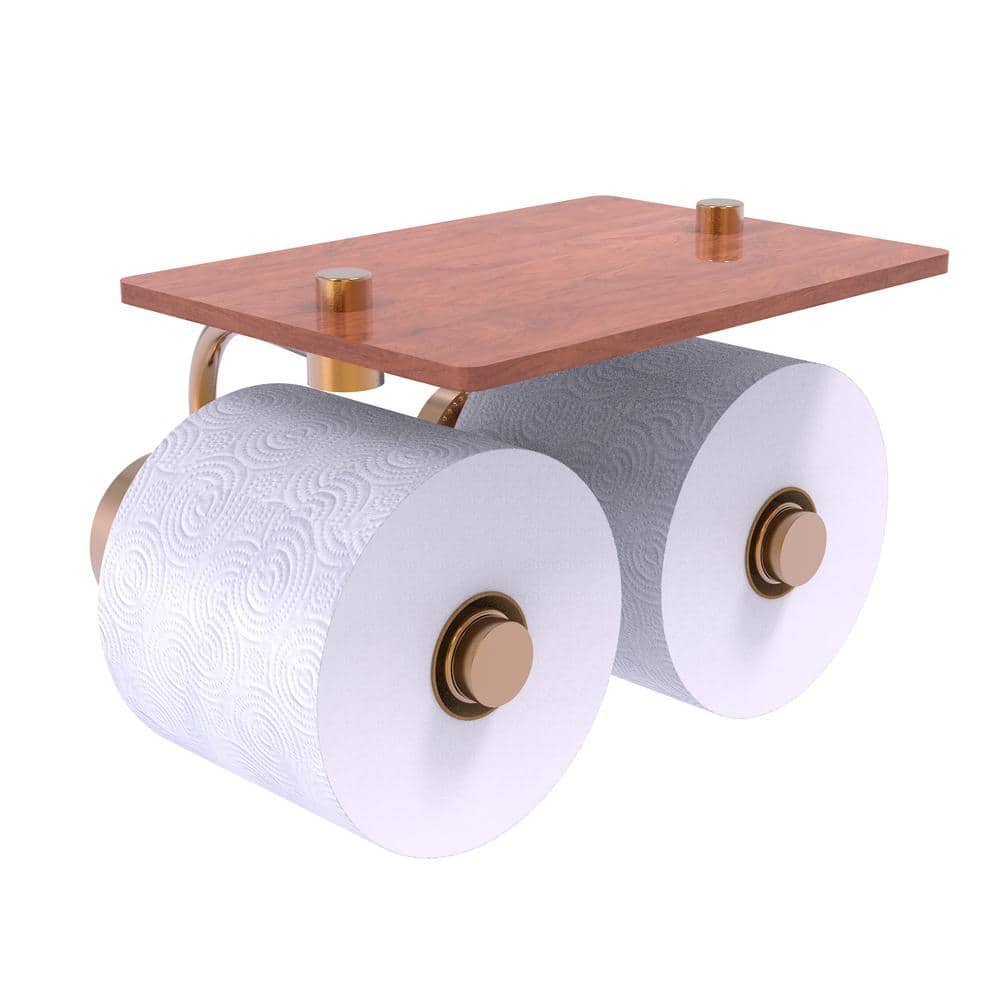 Brushed Bronze Dual Roll Toilet Paper Holder with Walnut Shelf
