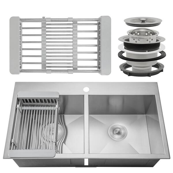 Akdy Drop In Stainless Steel 33 In X 22 In 1 Hole 50 50 Double Bowl Kitchen Sink With Drying Rack Ks0103 The Home Depot
