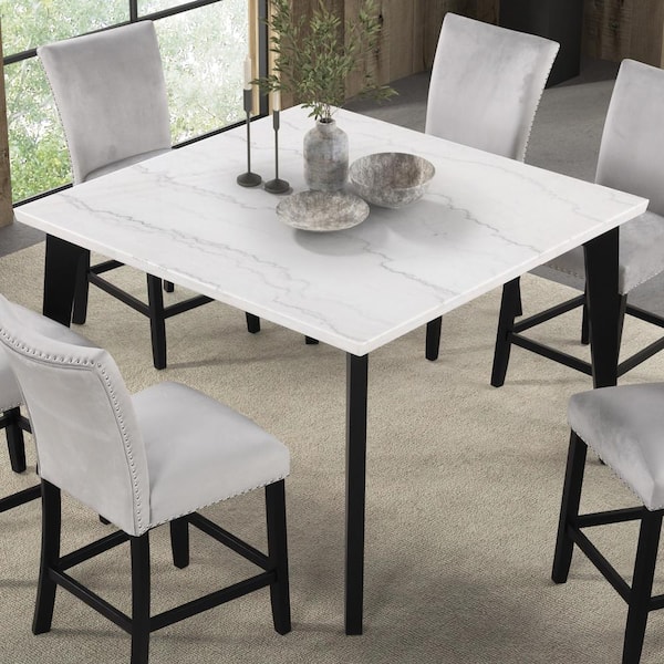 Furniture of America Mendy Modern White Square Marble Top 54 in. 4 Leg Counter Height Dining Table Seats-4