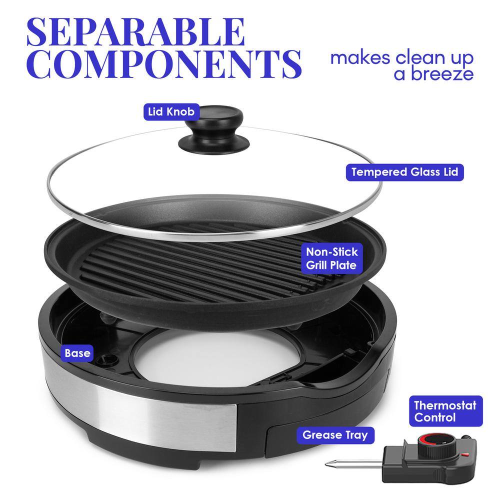 Elite Gourmet 14" Round Electric Grill with Glass Lid