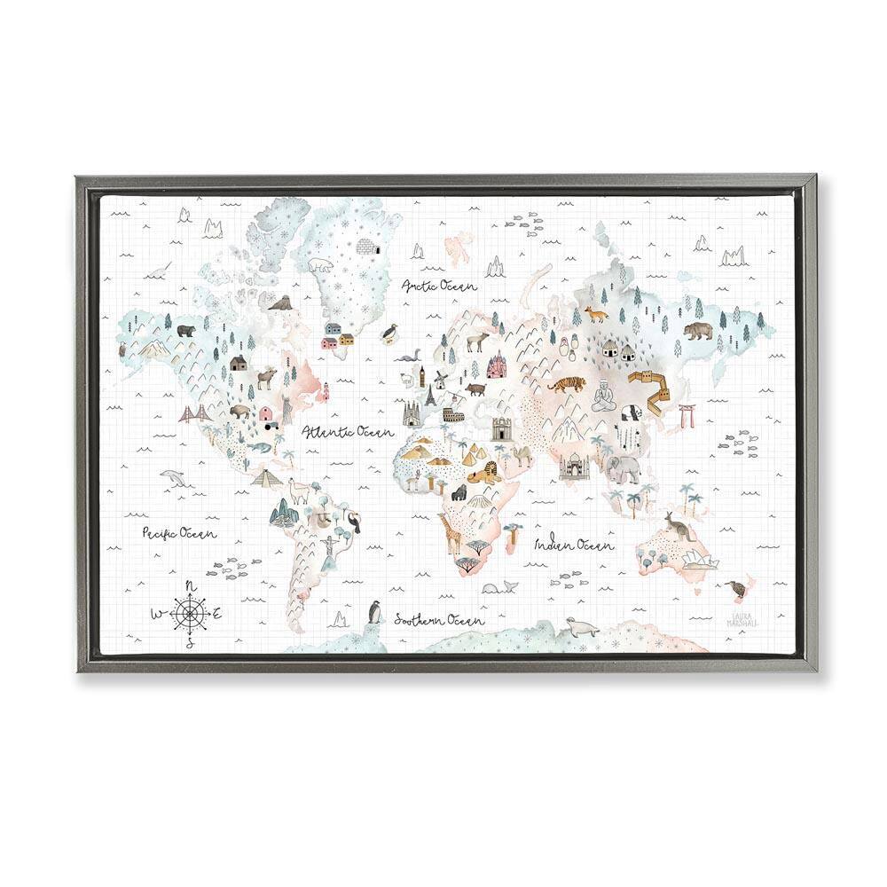 Whimsical World Traveler Map by Laura Marshall Gray Floater Frame Animal Graphic Art Print 17 in. x 25 in. price history on PriceWatchPro