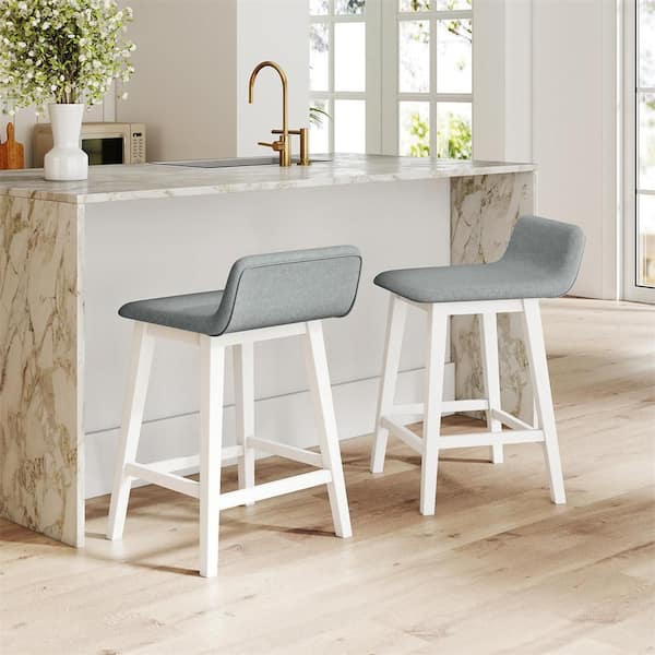 Counter Height Stools Set of 2 24 in. H Low-Back High-Top White Wood Chairs w/ Padded Seat & Backrest