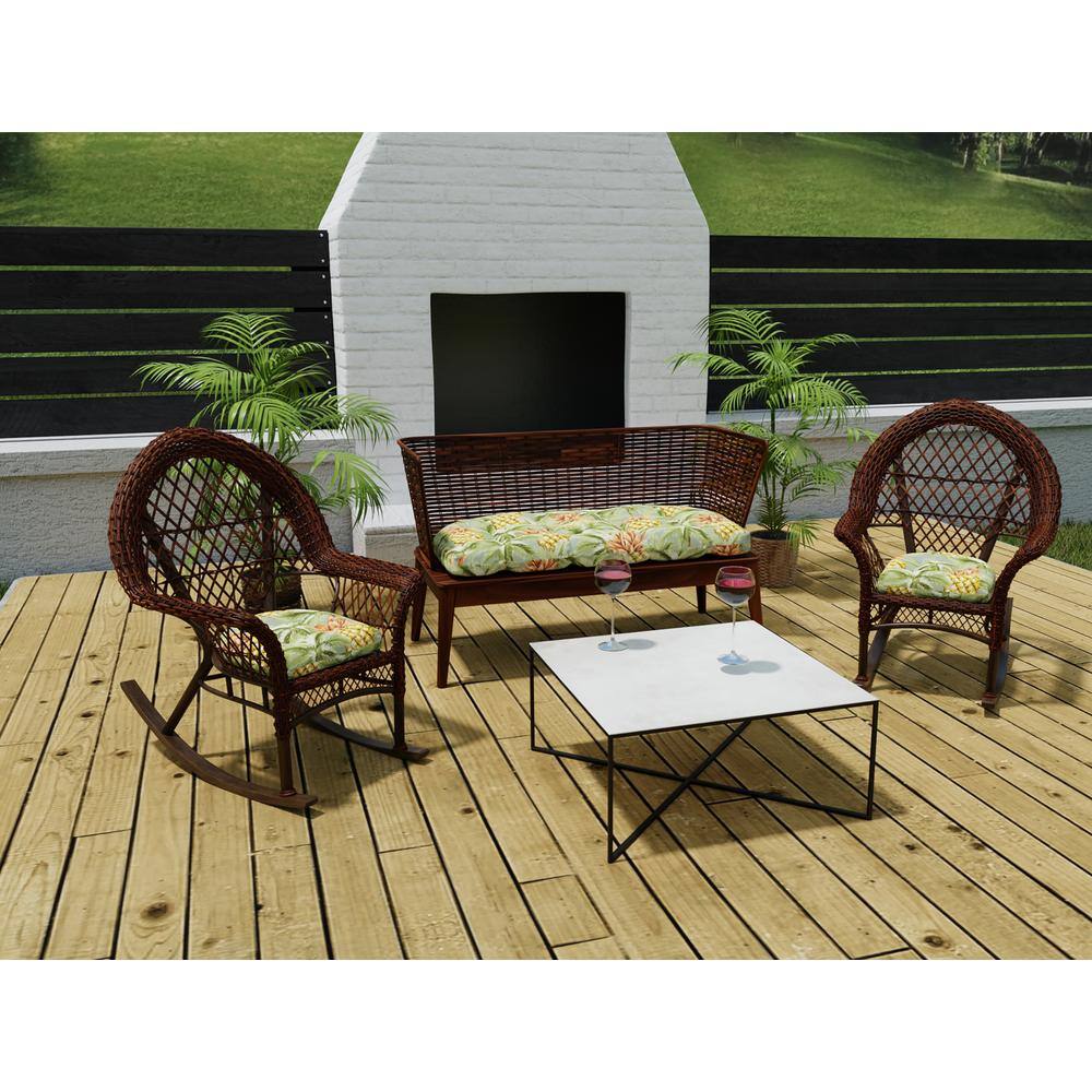 Luau Breeze Green Tropical Tufted Outdoor Wicker Bench Cushion Set