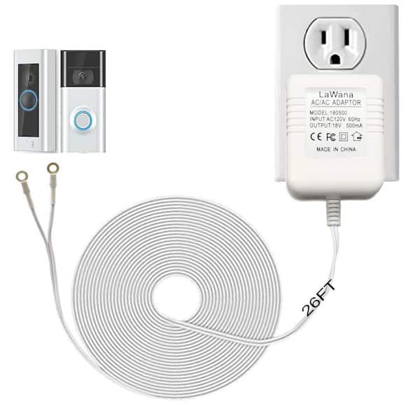 26 ft. 18-Volt 500mA Charging Cable Doorbell Power Adapter for Video Doorbells Ring Pro Nest Hello in White