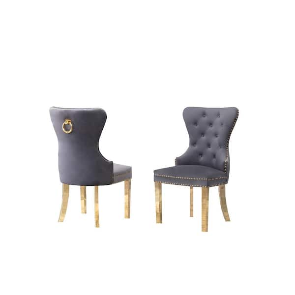 Best Quality Furniture Pam Dark Gray Velvet Gold Stainless Steel Dining Chairs (Set of 2)
