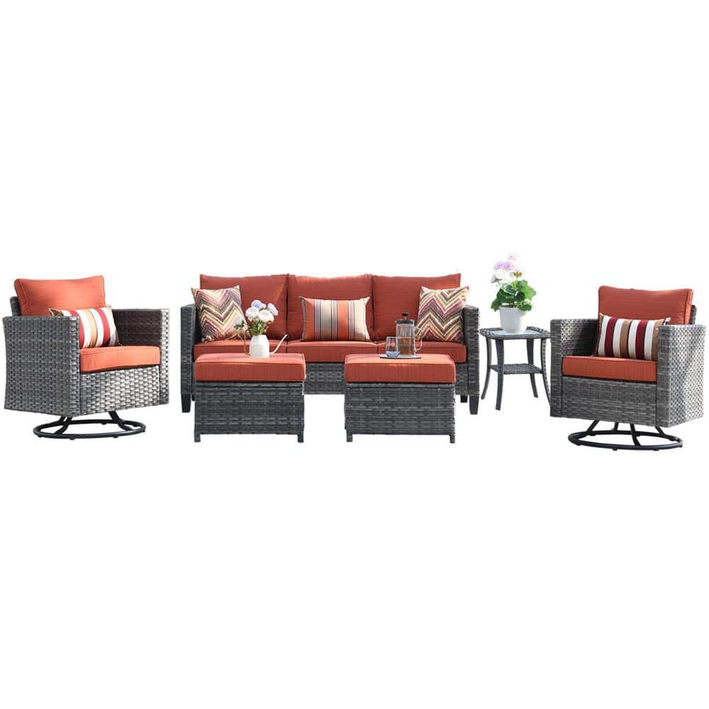 7-Person Gray Steel Frame Patio Sofa Set with Orange Cushions