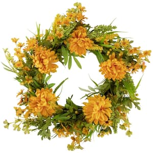 24 in. Yellow Peony Artificial Fall Harvest Twig Wreath Unlit