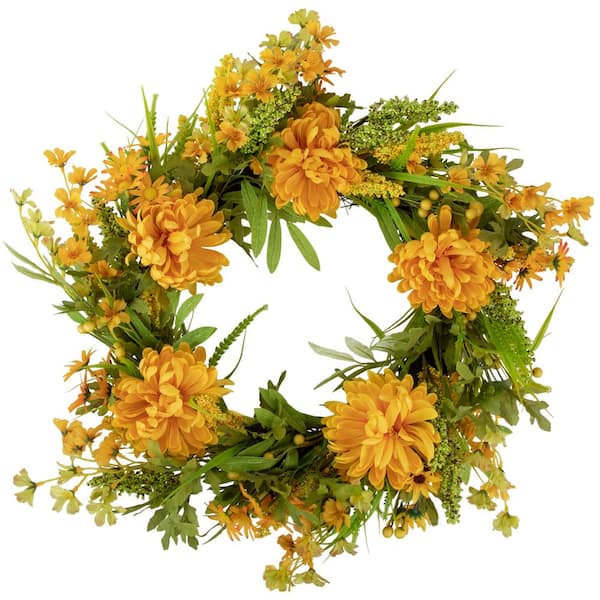 24 in. Yellow Peony Artificial Fall Harvest Twig Wreath Unlit