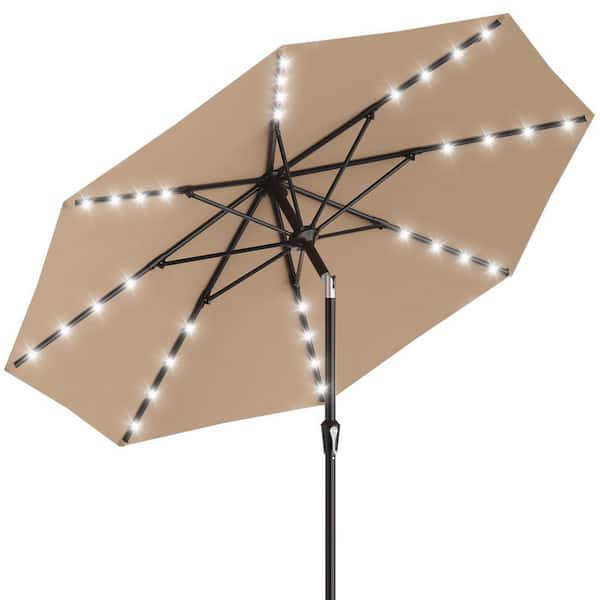 Outdoor Solar-Powered 32-LED Umbrella 9 ft. Powder-Coated Iron Market Solar Tilt Patio Umbrella in Beige
