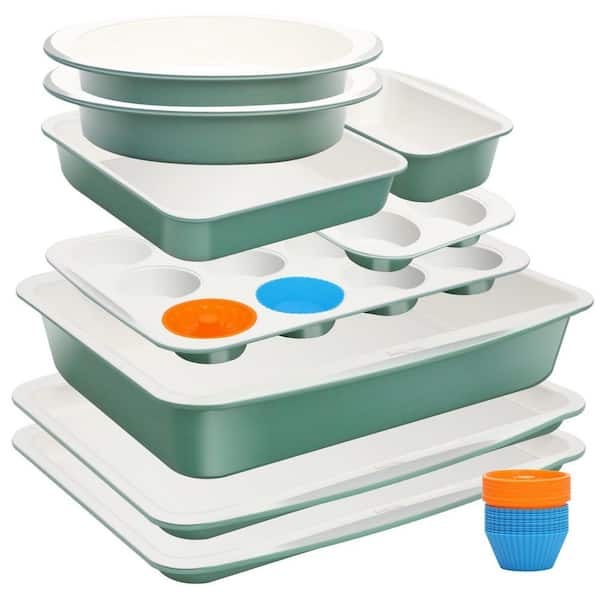 33-Piece Green Ceramic Nonstick Baking Pans Set, Non Toxic Stackable Bakeware Sets, 550°F Oven Safe, Dishwasher Safe