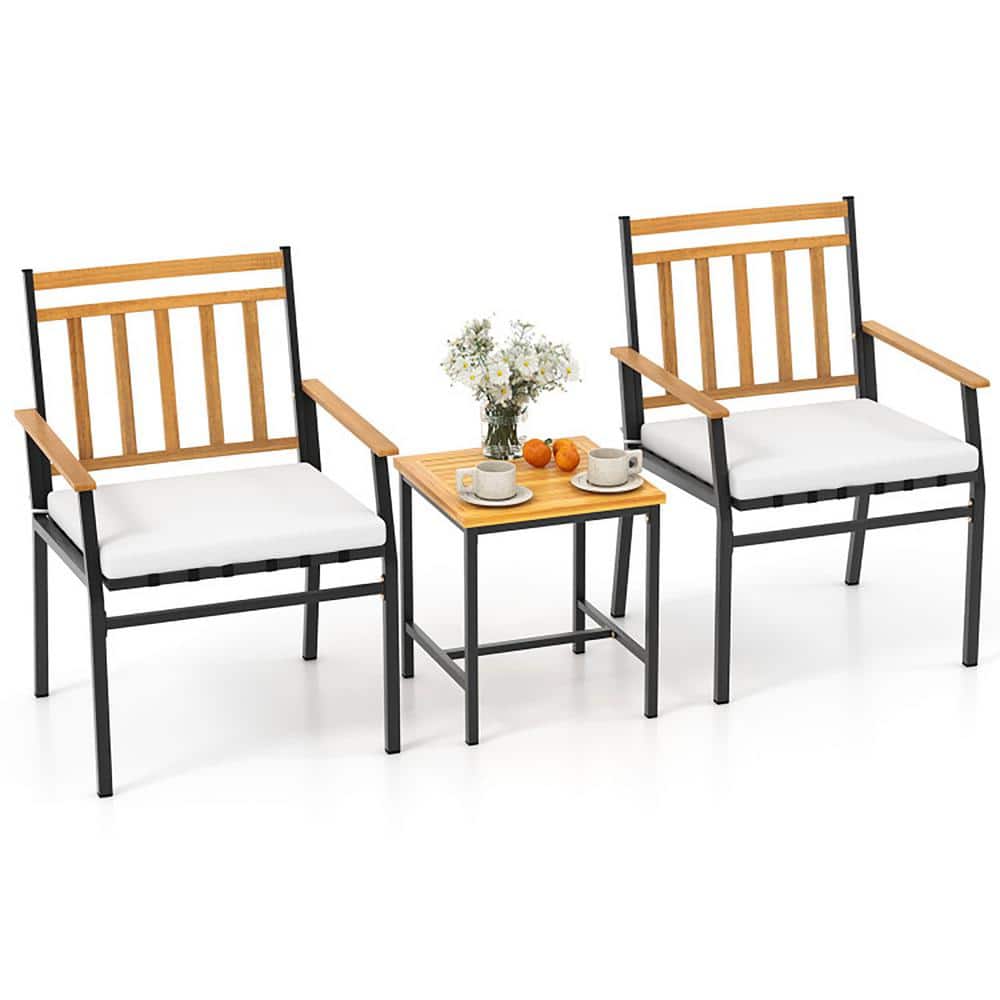 Acacia Wood and Metal 3-Piece Patio Set with Off-White Cushions