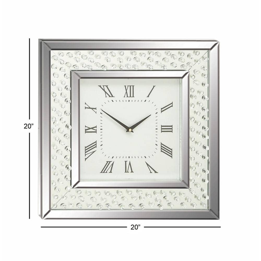 Silver Mirrored Square Wall Clock with Floating Crystals