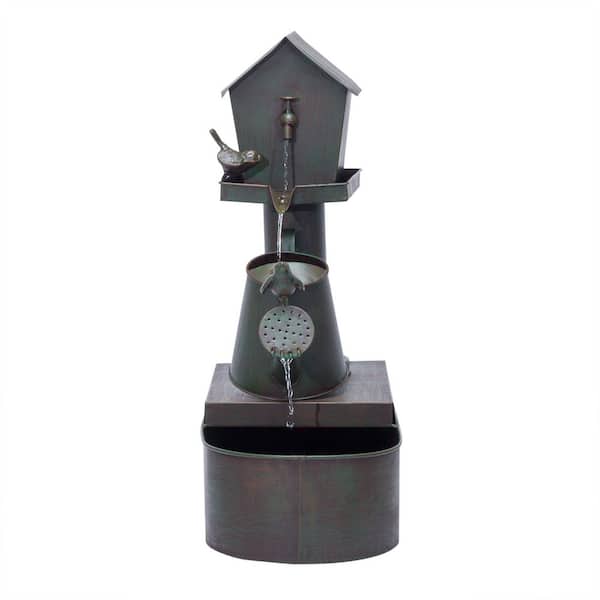 34 in. Gray Metal Electric Tiered Birdhouse and Watering Can Floor Fountain