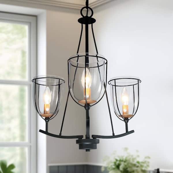 3-Light Black Chandelier with Clear Glass Shades