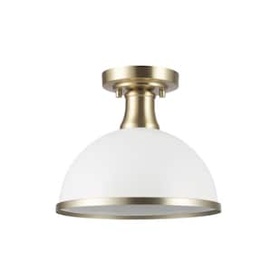 10 in. 1-Light Matte White Semi-Flush Mount Ceiling Light with Matte Brass Accents
