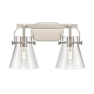 Pilaster II Cone 17 in. 2-Light Satin Nickel Vanity Light with Glass Shade