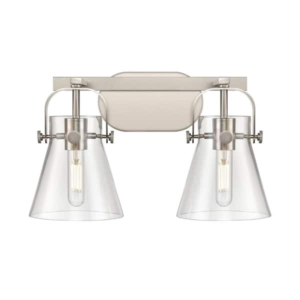 Pilaster II Cone 17 in. 2-Light Satin Nickel Vanity Light with Glass Shade