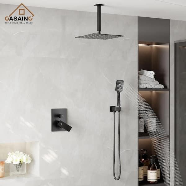 3-Spray with 2.5 GPM 12 in. 2 Functions Tub Ceiling Mount Dual Shower Heads in Spot in Matte Black (Valve Included) 3-Spray with 2.5 GPM 12 in. 2 Functions Tub Ceiling Mount Dual Shower Heads in Spot in Matte Black (Valve Included)