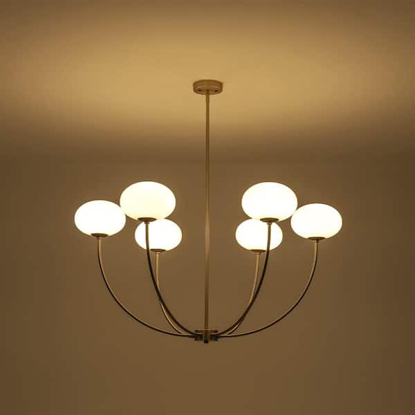 Elara 6-Light Brushed Gold Adjustable Hanging Chandelier with Opal Glass Disc Shades