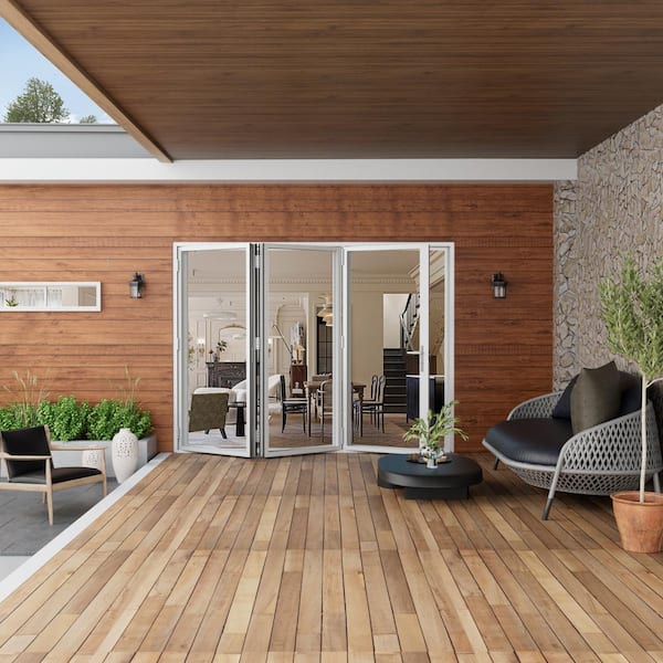 96 in. x 80 in. Left Center Opening/Outswing Double Tempered Glass White Aluminum Folding Patio Door