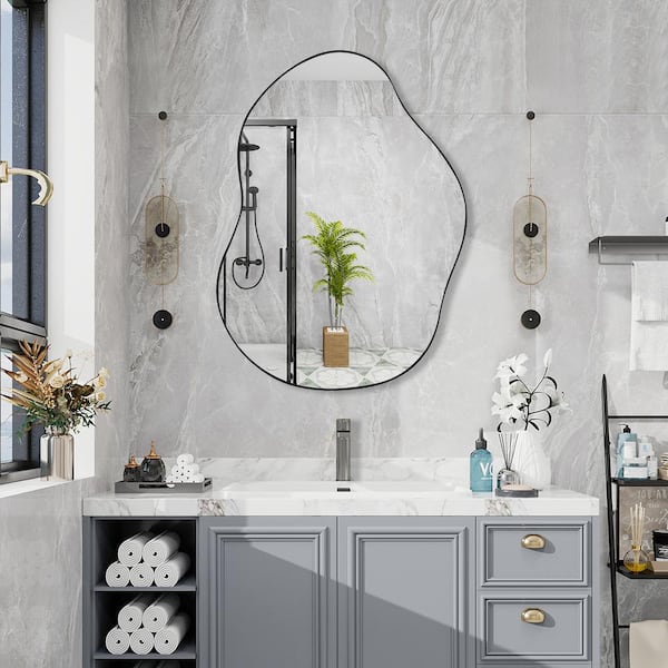 WELLFOR 22 in. W x 30.5 in. H Irregular Frame Wall Bathroom Vanity Mirror in Black