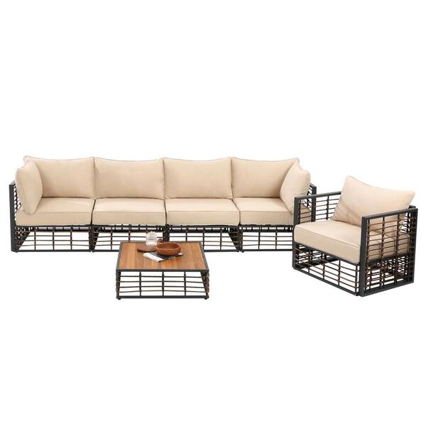 Unbranded 6-Piece All-Weather Wicker Patio Conversation Set Furniture Set with Cushions in Beige and Coffee Table