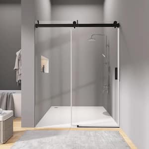 60 in. W x 76 in. H Glass Shower Door Frameless Alcove Single Sliding Shower Doors in Matte Black 3/8 in.Tempered Glass