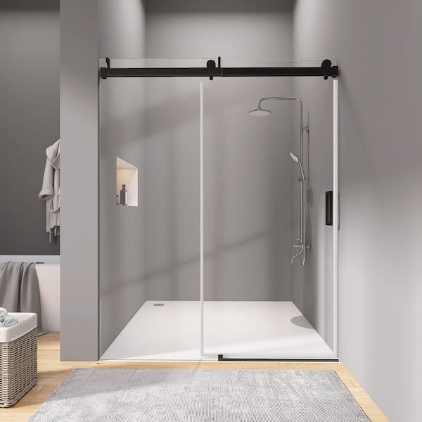 Zeafive 60 in. W x 76 in. H Glass Shower Door Frameless Alcove Single Sliding Shower Doors in Matte Black 3/8 in.Tempered Glass