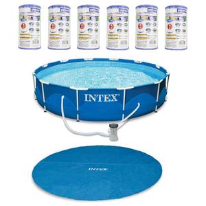 Intex 12 ft. Pool Cover with 12 ft. x 2.5 ft. Metal Frame Pool with Intex Filters (6-Pack)