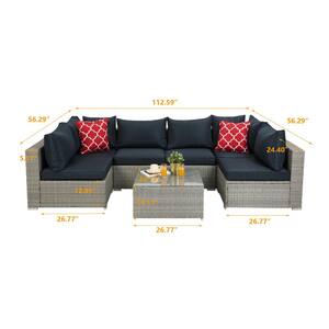 Light Gray Wicker Outdoor Sectional Set with Coffee Table and Dark Blue Cushions